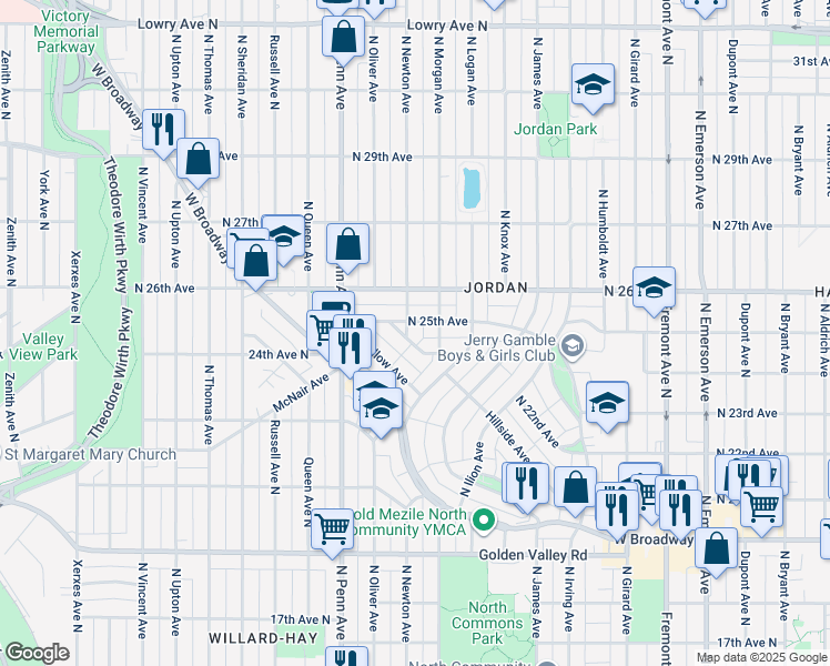 map of restaurants, bars, coffee shops, grocery stores, and more near 2005 Hillside Avenue North in Minneapolis