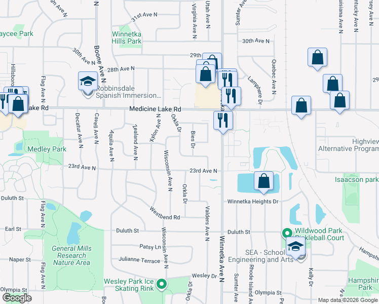 map of restaurants, bars, coffee shops, grocery stores, and more near 8045 Wynnwood Road in Minneapolis