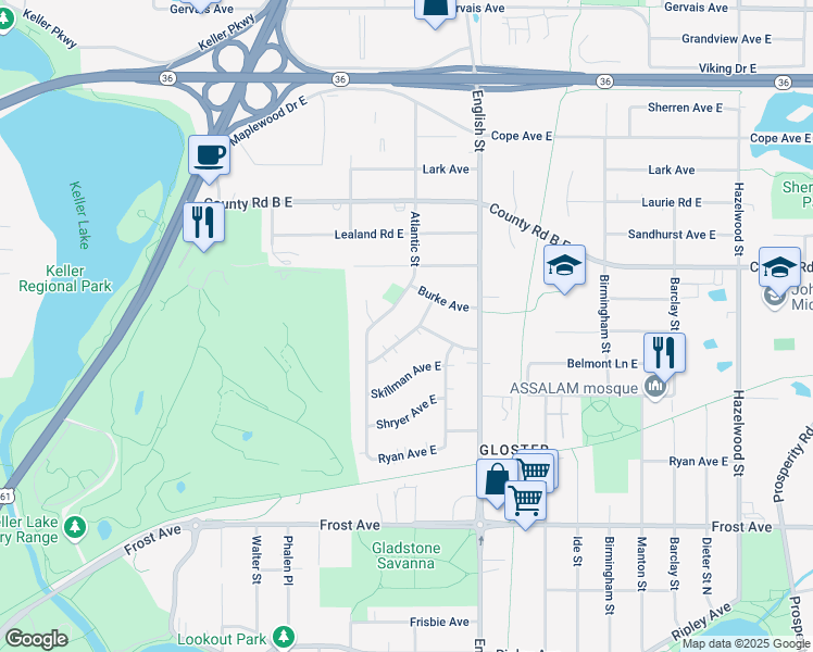 map of restaurants, bars, coffee shops, grocery stores, and more near 1240 Belmont Lane East in Maplewood