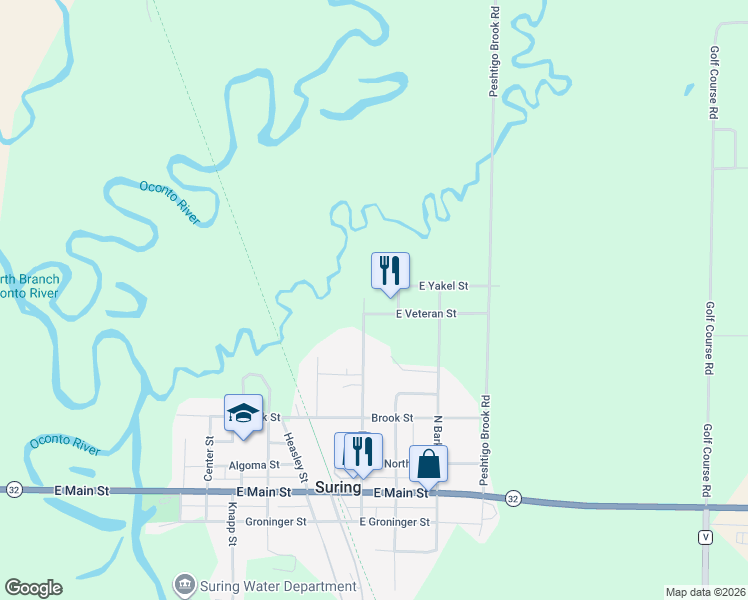 map of restaurants, bars, coffee shops, grocery stores, and more near 506 North Mill Street in Suring
