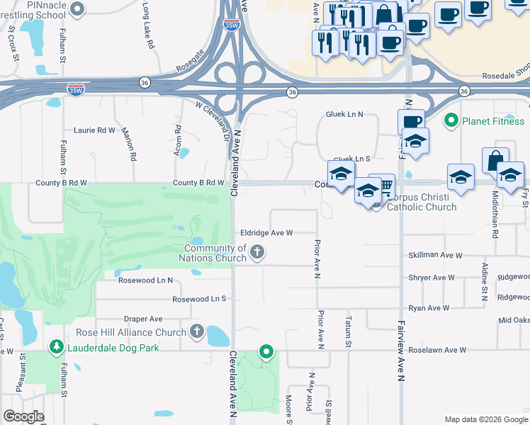 map of restaurants, bars, coffee shops, grocery stores, and more near 2006 Sharondale Avenue in Roseville