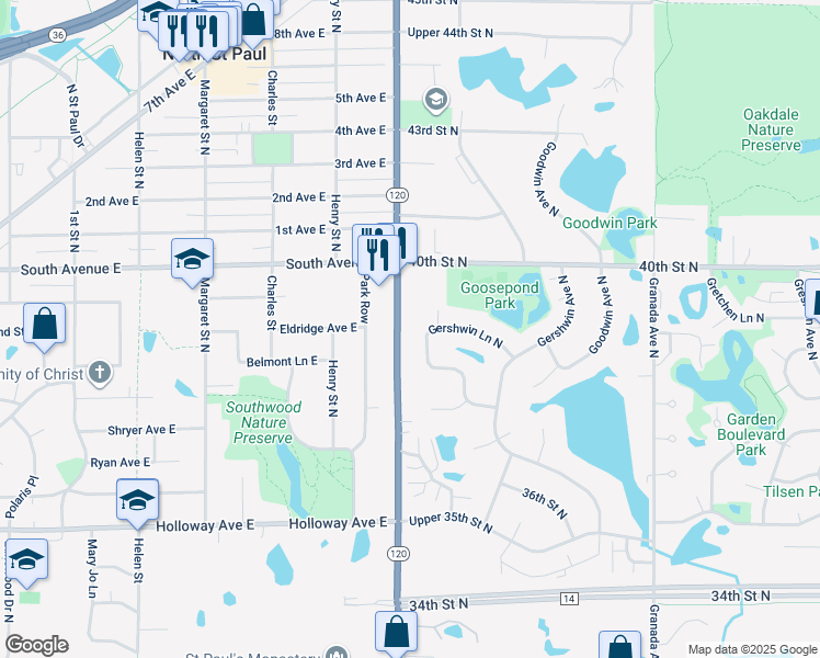 map of restaurants, bars, coffee shops, grocery stores, and more near 3654 Gershwin Lane North in Saint Paul