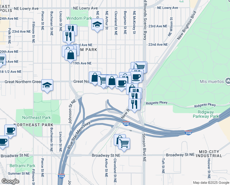 map of restaurants, bars, coffee shops, grocery stores, and more near 1630 New Brighton Blvd in Minneapolis