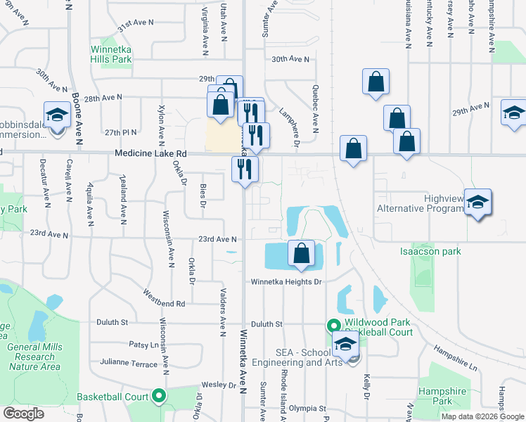 map of restaurants, bars, coffee shops, grocery stores, and more near 2430 Winnetka Avenue North in Minneapolis