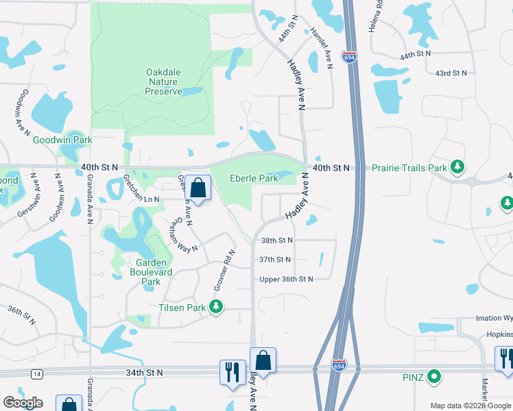 map of restaurants, bars, coffee shops, grocery stores, and more near 3864 Hale Avenue North in Oakdale