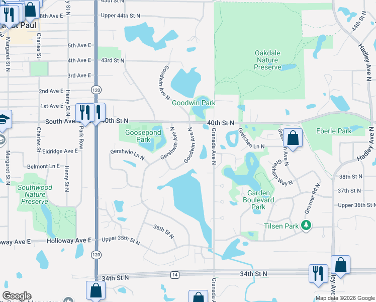 map of restaurants, bars, coffee shops, grocery stores, and more near 3822 Goodwin Avenue North in Saint Paul