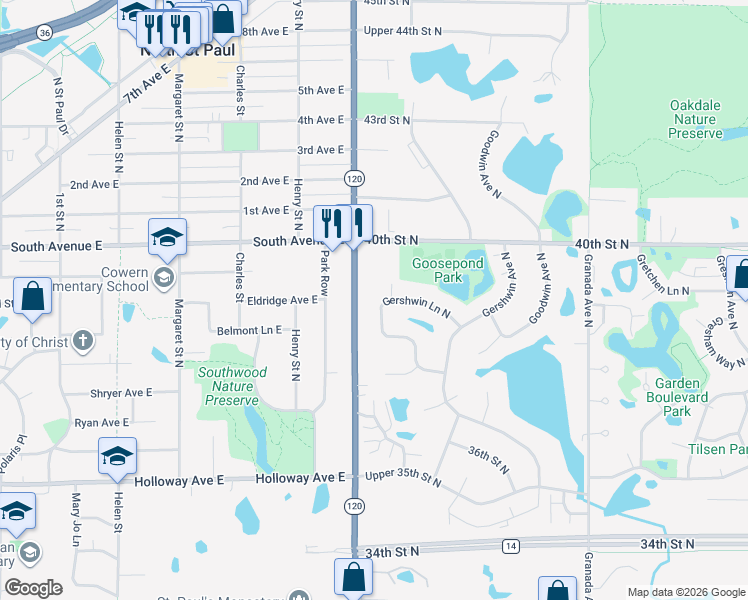 map of restaurants, bars, coffee shops, grocery stores, and more near 3687 Gershwin Lane North in Saint Paul