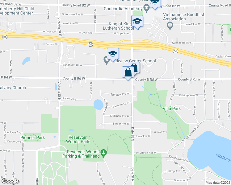 map of restaurants, bars, coffee shops, grocery stores, and more near 692 Eldridge Avenue West in Roseville
