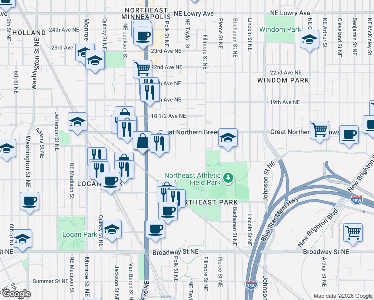 map of restaurants, bars, coffee shops, grocery stores, and more near 1611 Polk Street Northeast in Minneapolis