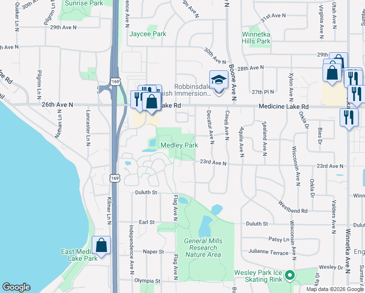 map of restaurants, bars, coffee shops, grocery stores, and more near 2320 Ensign Avenue North in Minneapolis
