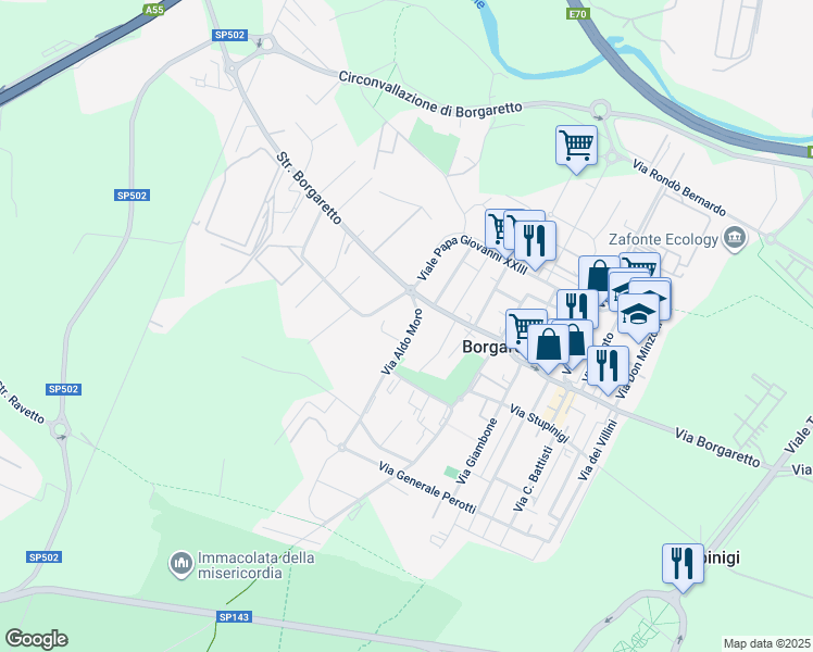 map of restaurants, bars, coffee shops, grocery stores, and more near 4E Via Aldo Moro in Borgaretto