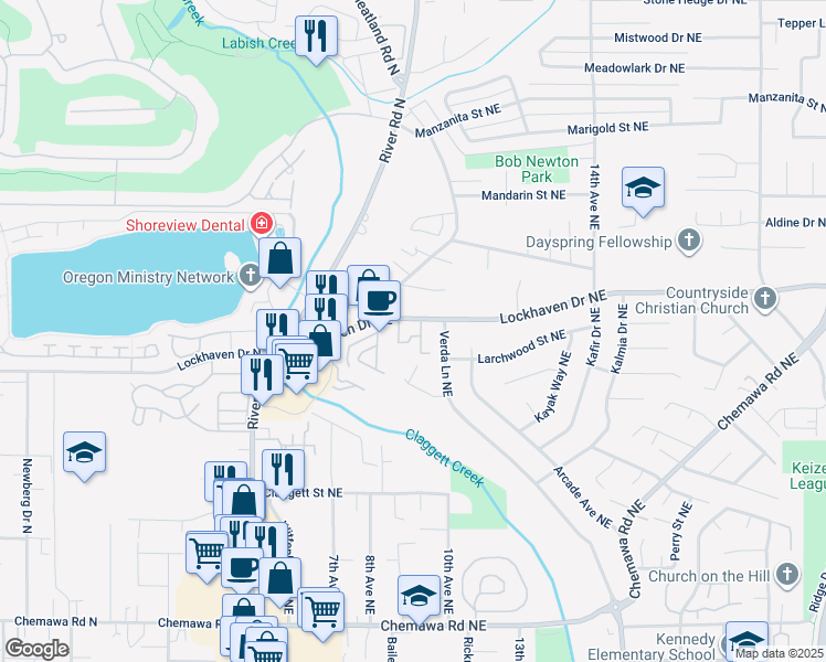map of restaurants, bars, coffee shops, grocery stores, and more near 824 Lockhaven Drive Northeast in Keizer