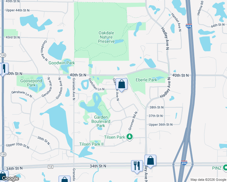 map of restaurants, bars, coffee shops, grocery stores, and more near 3871 Gresham Circle North in Oakdale