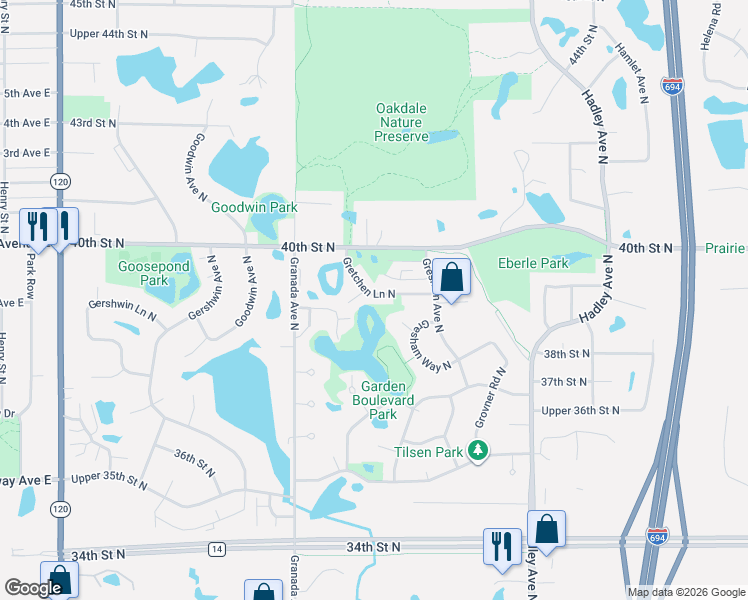 map of restaurants, bars, coffee shops, grocery stores, and more near 6676 Gretchen Lane North in Saint Paul