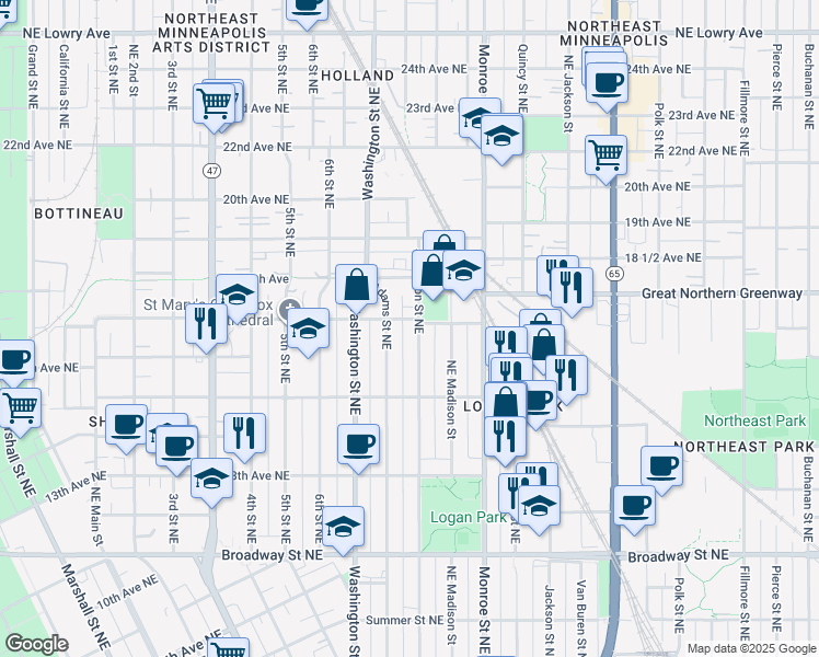 map of restaurants, bars, coffee shops, grocery stores, and more near 1606 Jefferson Street Northeast in Minneapolis