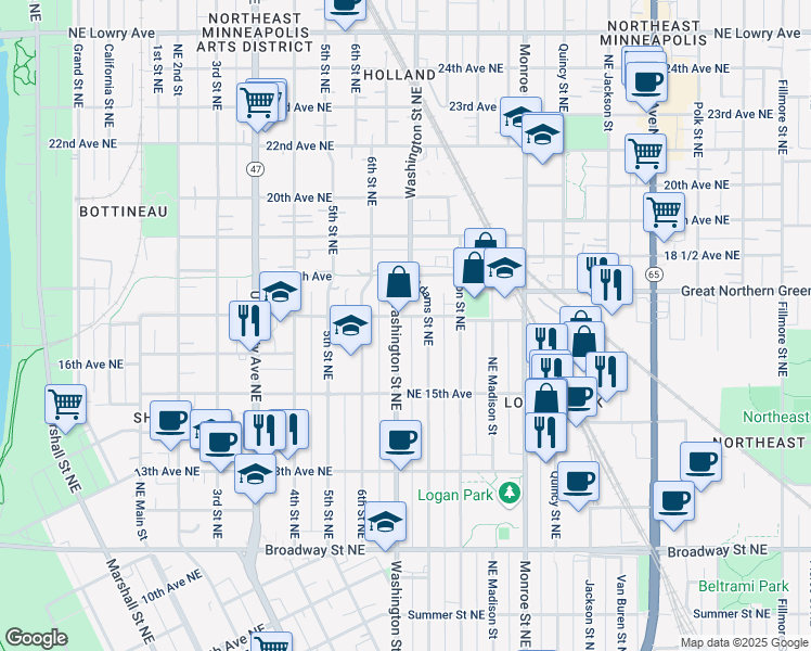 map of restaurants, bars, coffee shops, grocery stores, and more near 1612 Adams Street Northeast in Minneapolis