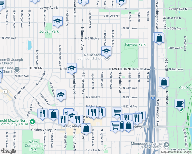 map of restaurants, bars, coffee shops, grocery stores, and more near 2410 North Dupont Avenue in Minneapolis