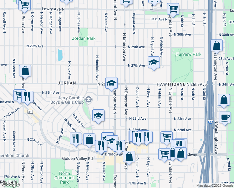 map of restaurants, bars, coffee shops, grocery stores, and more near 2418 North Fremont Avenue in Minneapolis