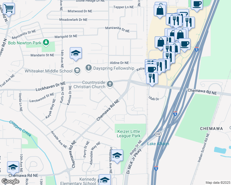 map of restaurants, bars, coffee shops, grocery stores, and more near 2045 Chemawa Road Northeast in Keizer