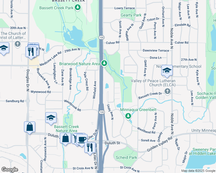 map of restaurants, bars, coffee shops, grocery stores, and more near 2300 Unity Avenue North in Minneapolis