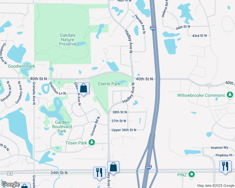 map of restaurants, bars, coffee shops, grocery stores, and more near 3864 Hale Avenue North in Oakdale