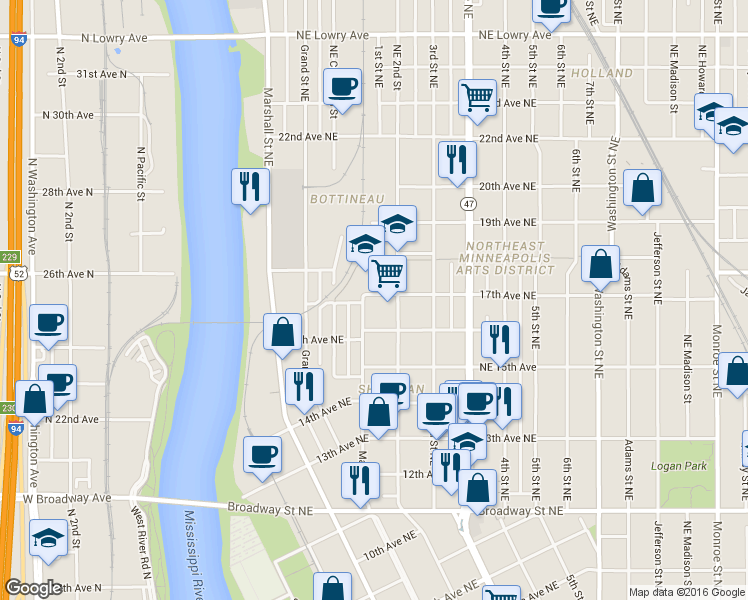 map of restaurants, bars, coffee shops, grocery stores, and more near 141 16th Avenue Northeast in Minneapolis