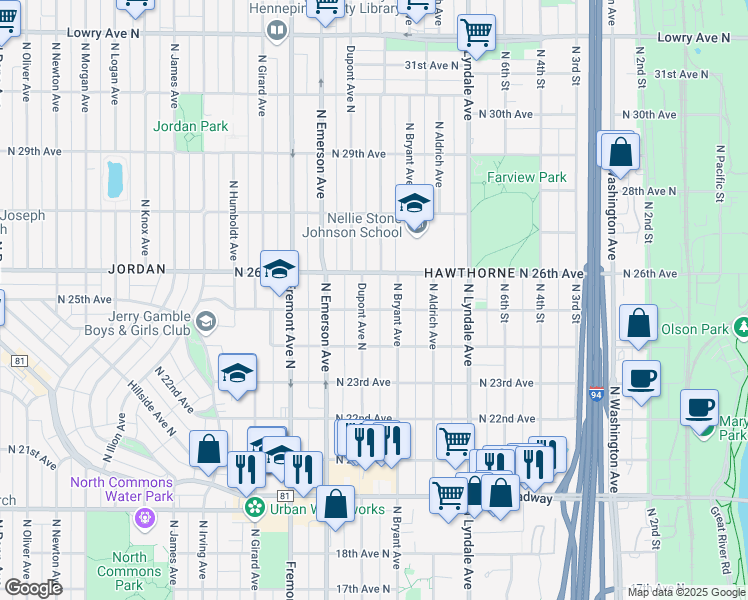 map of restaurants, bars, coffee shops, grocery stores, and more near 2410 North Dupont Avenue in Minneapolis