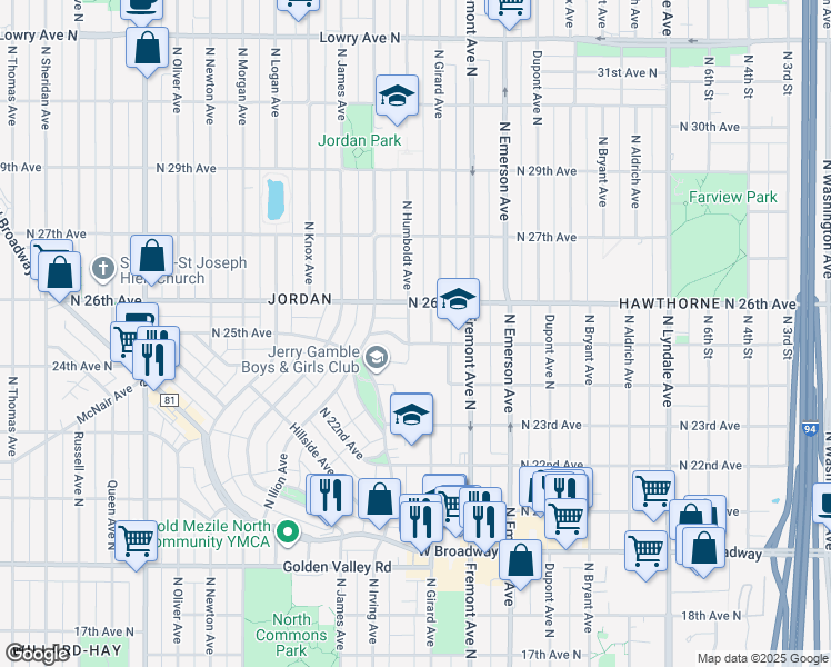 map of restaurants, bars, coffee shops, grocery stores, and more near 1405 North 25th Avenue in Minneapolis