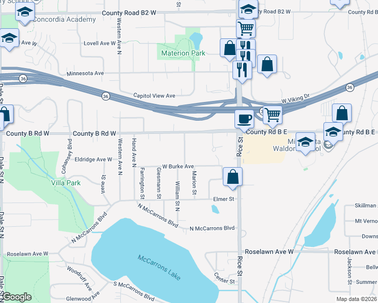 map of restaurants, bars, coffee shops, grocery stores, and more near 219 West Burke Avenue in Roseville