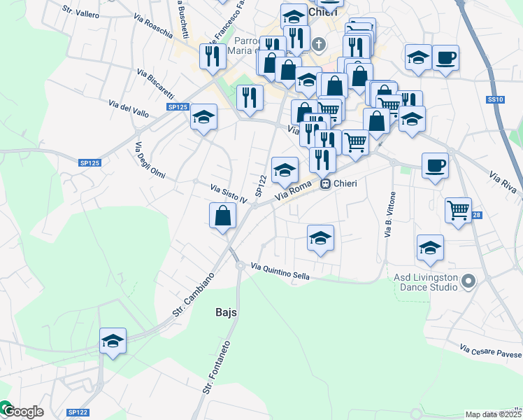 map of restaurants, bars, coffee shops, grocery stores, and more near 8 Via II Giugno in Chieri