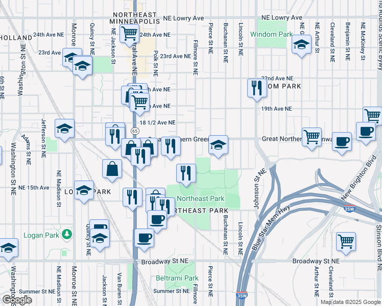 map of restaurants, bars, coffee shops, grocery stores, and more near 1702 Fillmore Street Northeast in Minneapolis