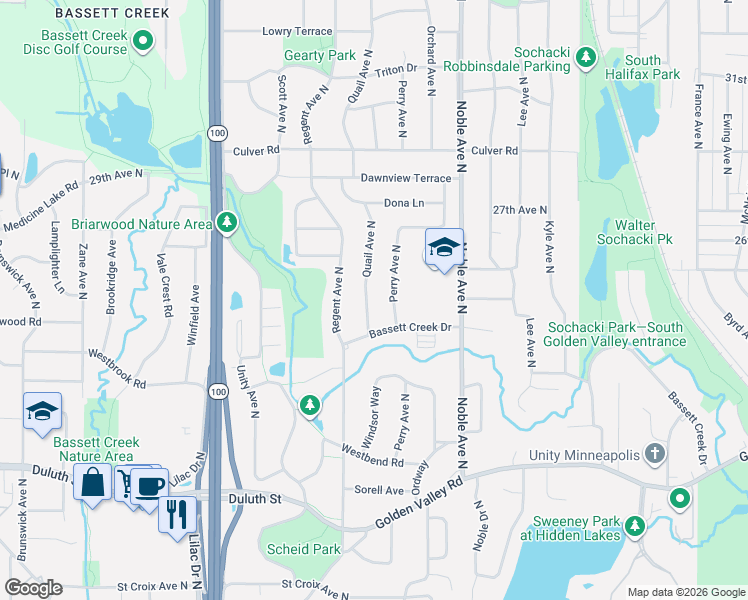 map of restaurants, bars, coffee shops, grocery stores, and more near 4900 Bassett Creek Drive in Minneapolis
