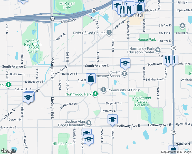 map of restaurants, bars, coffee shops, grocery stores, and more near 2092 1st Street North in North Saint Paul