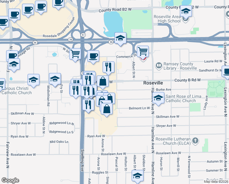 map of restaurants, bars, coffee shops, grocery stores, and more near 1455 Eldridge Avenue West in Roseville
