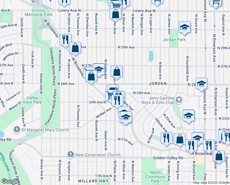 map of restaurants, bars, coffee shops, grocery stores, and more near 2107 North Willow Avenue in Minneapolis