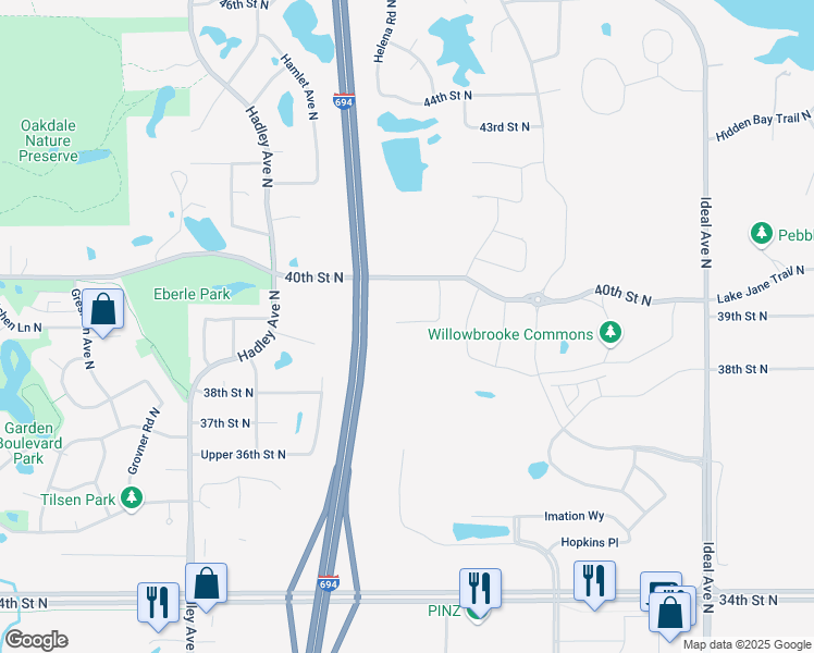 map of restaurants, bars, coffee shops, grocery stores, and more near 3998 Hayward Avenue North in Oakdale