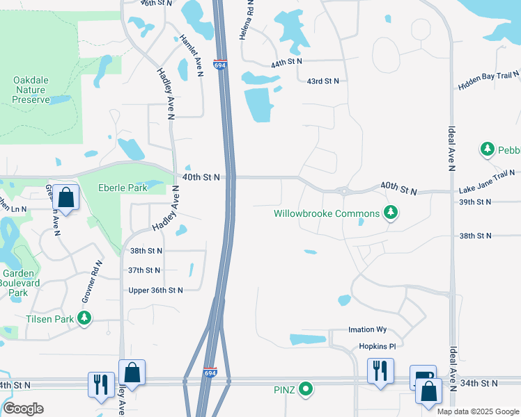 map of restaurants, bars, coffee shops, grocery stores, and more near 3998 Hayward Avenue North in Oakdale