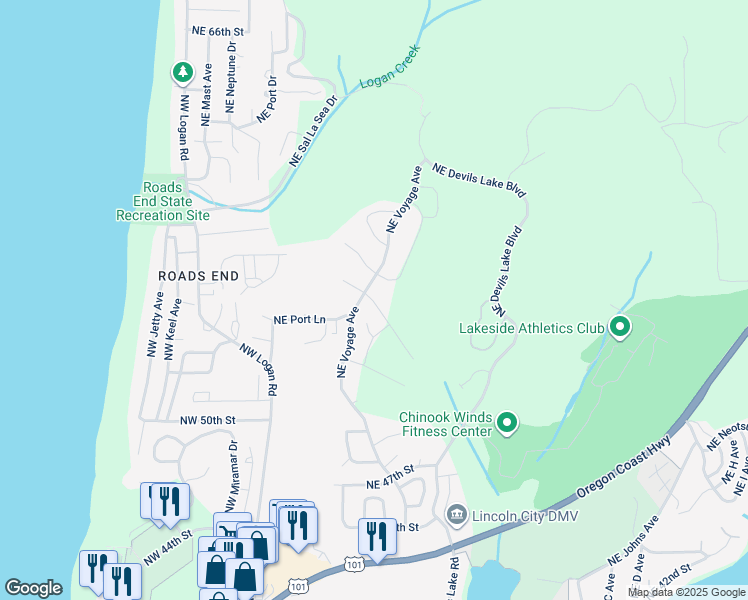 map of restaurants, bars, coffee shops, grocery stores, and more near 5356 Northeast Voyage Avenue in Lincoln City