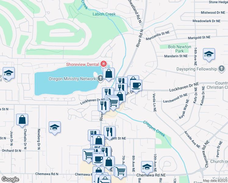 map of restaurants, bars, coffee shops, grocery stores, and more near 618 Lockhaven Drive Northeast in Keizer