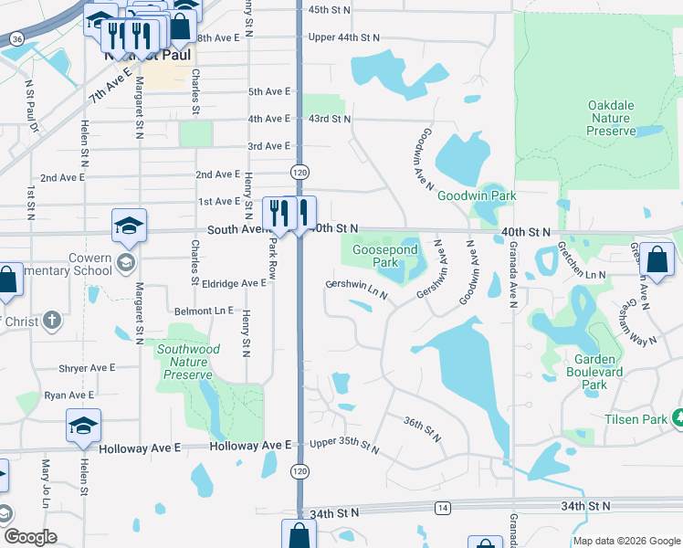 map of restaurants, bars, coffee shops, grocery stores, and more near 3687 Gershwin Lane North in Saint Paul