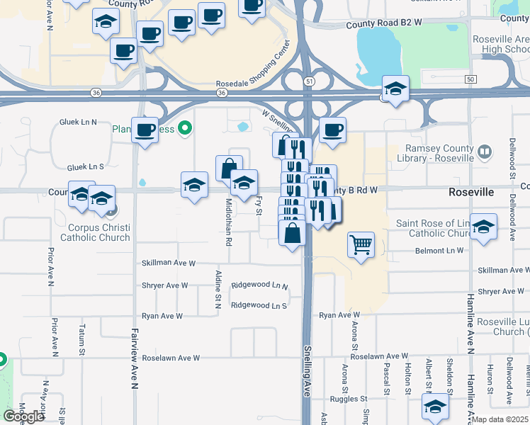 map of restaurants, bars, coffee shops, grocery stores, and more near 1644 Eldridge Avenue West in Roseville