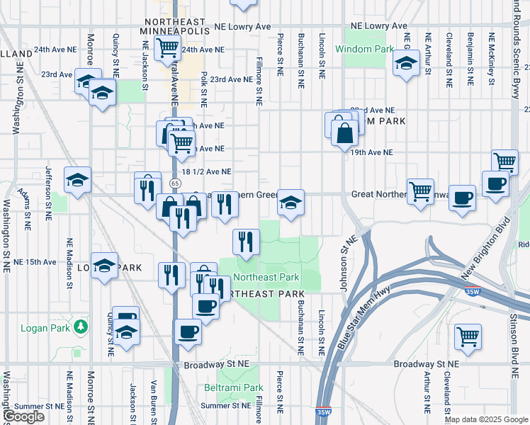 map of restaurants, bars, coffee shops, grocery stores, and more near 1601 Fillmore Street Northeast in Minneapolis