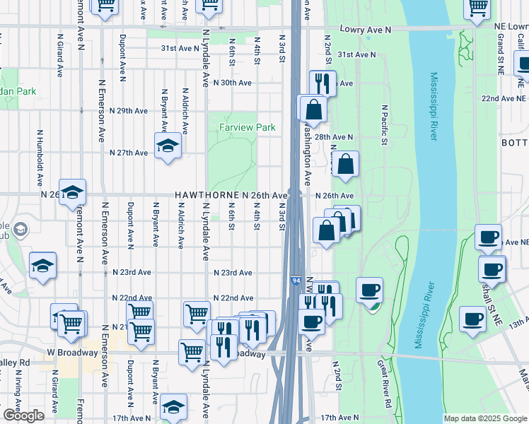map of restaurants, bars, coffee shops, grocery stores, and more near 2423 North 4th Street in Minneapolis