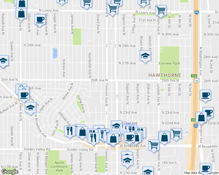 map of restaurants, bars, coffee shops, grocery stores, and more near 2418 North Fremont Avenue in Minneapolis
