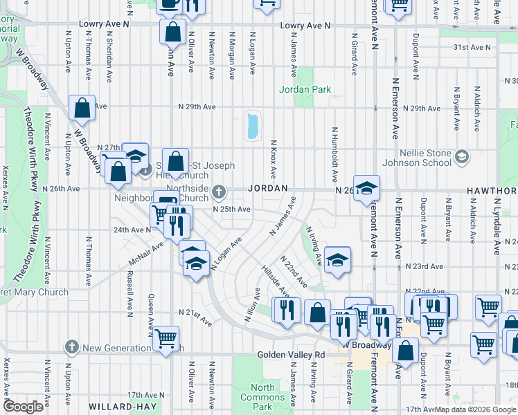 map of restaurants, bars, coffee shops, grocery stores, and more near 2434 North Logan Avenue in Minneapolis