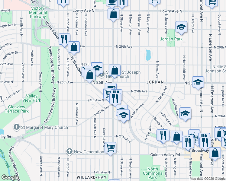 map of restaurants, bars, coffee shops, grocery stores, and more near 2107 North Willow Avenue in Minneapolis