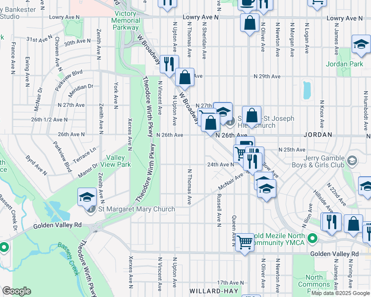 map of restaurants, bars, coffee shops, grocery stores, and more near 2407 North Thomas Avenue in Minneapolis