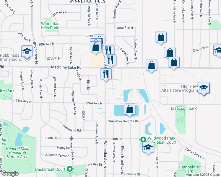 map of restaurants, bars, coffee shops, grocery stores, and more near 2448 Winnetka Avenue North in Golden Valley