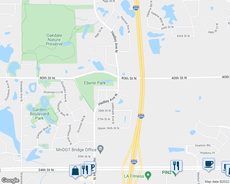 map of restaurants, bars, coffee shops, grocery stores, and more near 7147 Upper 39th Street North in Oakdale