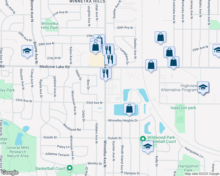 map of restaurants, bars, coffee shops, grocery stores, and more near 2448 Winnetka Avenue North in Golden Valley